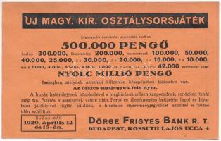 1929. "Új Magyar Királyi Osztálysorsjáték" megrendelő lapja a Dörge Frigyes Bank R.-t.-től...