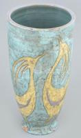 Gorka Lívia (1925-2011): Madaras váza. Mázas kerámia, kézzel festett, jelzett. Sérült, alján nagy lepattanásokkal, m: 27 cm