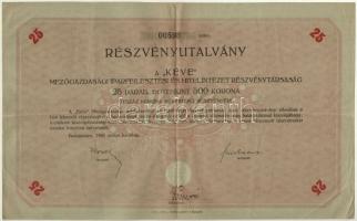 Budapest 1923. KÉVE Mezőgazdasági és Iparfejlesztési és Hitelintézet Részvénytársaság részvényutalványa huszonöt darab, egyenként 500K névértékű részvényről, 00598 sorszámmal és szárazpecséttel T:III
