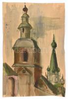 Jelzés nélkül: Templomtornyok. Akvarell, papír. Lapszéli apró sérülésekkel. 58x39 cm