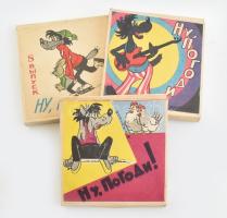 cca 1970-1980 Nu, págágyí! (No, megállj csak!) retró szovjet mesefilmek 8 mm-es filmen, 3 db különféle, eredeti dobozukban / Nu, pogodi! (Well, Just You Wait!) vintage Soviet cartoon series on 8mm film, 3 different films, in original boxes
