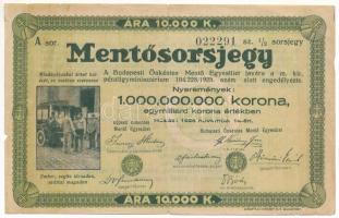 Budapest 1925. Mentősorsjegy 1/2 sorsjegy 10.000K értékben, A 022291 sorszámmal T:III szakadás, kis anyaghiány