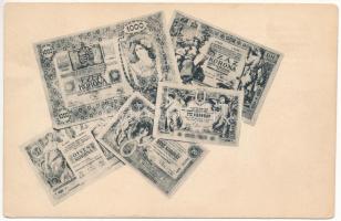 10-,20-,50-,100- és 1000 Koronás bankjegyeket ábrázoló régi képeslap