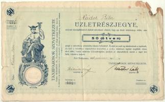 Budapest 1938. Taxiiparosok Szövetkezete névre szóló üzletrészjegye 50P-ről, bélyegzéssel T:III- nagyobb sarokhiányok, folt, szakadás