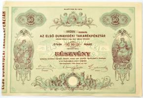 Kiskőrös 1930. Az Első Dunavidéki Takarékpénztár részvénye 50P-ről szelvényekkel, szárazpecséttel T:II szakadás
