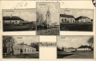 1932 Mezőpeterd, utca, templom, kastély, iskola, Hangya szövetkezet üzlete + COP - DEBRECZEN - BUDAPEST 19 B vasúti mozgóposta bélyegző