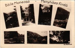 1929 Menyháza-fürdő, Monyásza, Baile Moneasa; mozaiklap / multi-view postcard, spa. Foto Szabó (Arad) photo