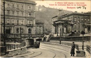 1908 Budapest I. A villamos vasút alagútja a Lánchídnál, a képen látható épületek a II. világháborúban elpusztultak. Divald Károly műintézete 1668-1908.