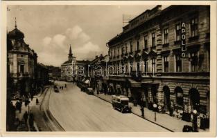 1944 Miskolc, Széchenyi utca, Apollo mozi, Hotel Korona szálloda, autóbusz, üzletek, Rex benzintöltő