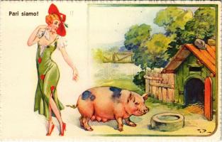 Pari siamo! / Italian humour art postcard, lady and pig. Cecami 516.