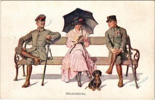 Belagerung / WWI German military art postcard, Lady with dachshund dog, flirting German military officers, humour. M. Munk Wien Nr. 1119. s: Zasche