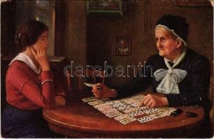 Frage an das Schicksal / Kártyából jóslás / Fortune telling from cards. Moderne Meister A.R. & C.i.B. No. 300. s: Alfred Russo (EK)