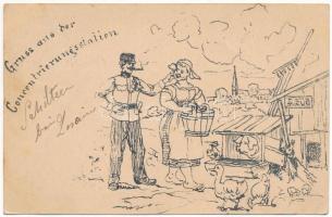 1898 (Vorläufer) Gruss aus der Concentrierungsstation / Austro-Hungarian K.u.K. military art postcard, soldier with lady