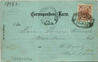 1898 (Vorläufer) Suchdol nad Odrou, Zauchtel; Kathol. Kirche, Protestant. Kirche, Volksschule, Nordb...