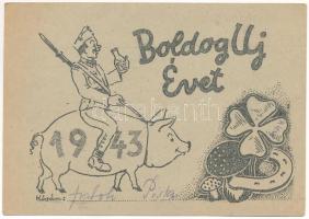 1943 Boldog Újévet! Tábori Postai Levelezőlap / WWII Hungarian military field postcard with New Year greeting art, soldier riding on a pig, clover, mushroom, horseshoe (EK)