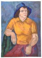 Olvashatatlan cirill betűs jelzéssel: Kék kalapos hölgy portréja. Olaj, papír, szovjet vagy orosz kiviteli bélyegzővel, 76x55,5 cm