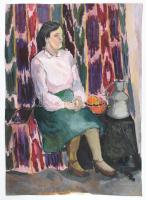 Olvashatatlan jelzéssel: Ülő hölgy portréja. Gouache, papír, sérült, feltekerve, orosz vagy szovjet kiviteli pecséttel, 79x55 cm