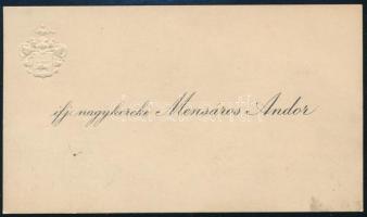 cca 1910-1930 ifj. nagykereki Mensáros Andor névjegykártyája, dombornyomott címerrel