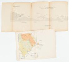 2 db ritkább térkép 1876 Moravicza Vaskő bányatelkeinek geológiai átmetszete. Litográfia 69x24 cm + 1874 Az Ungvári hegység délnyugati részének földtani térképe. Rybár J. Litográfia. 32x25 cm