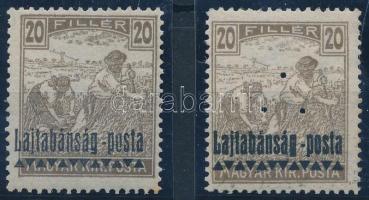 Nyugat-Magyarország III. 1921 2 db Arató 20f hátoldali felülnyomás nélkül, mindkettő Bodor vizsgálójellel, az egyik hármaslyukasztással
