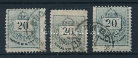 1881 3 db 20kr extra méretkülönbségek és elfogazások