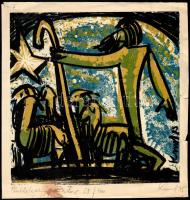 Kunt Ernő (1920-1994): Betlehemi pásztor, 1975. Linómetszet, papír, jelzett. Számozott (51/100). Lap széle sérült és foltos. 25x25 cm