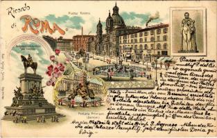 1900 Roma, Rome; Piazza Navona, Monumento a G. Garibaldi, Fontana Principale (Bernini) / square, monument, fountain. Carl Künzli Art Nouveau, floral, litho