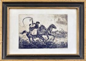 Kárpáti Rudolf (-): Csikós lovakkal. 18x23 cm Rézkarc, papír Jelezve jobbra lent: Kárpáti R. Üvegezett fakeretben.