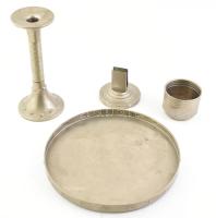 Ophir design fém asztali szett (hamuzó, gyufatartó, gyertyatartó, tálca), 4 db-os, jelzett, kopásokkal, d: 29,5 cm-ig, m: 25 cm-ig