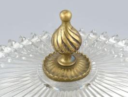 Fedeles üveg süteménytartó, tetején bronz csúcsdisszel, füles fém tartóval, d: 18,5 cm