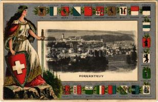 Porrentruy, general view with coats of arms of the Swiss cantons. Edition Guggenheim & Co. Art Nouveau, Emb. litho (pinholes)