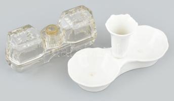 2 db asztali só- és borstartó: Zsolnay fehérmázas porcelán, jelzett, hajszálrepedéssel, h: 14 cm + üveg, elfordítható fedővel, h: 12,5 cm