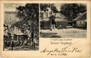 1902 Várgede, Várgedefürdő, Kúpele Hodejov, Hodejov; Gyógy- és gőzfürdő, Csevicze kút, vonat a háttérben. Kohn Albert kiadása / spa, steam bath, well, spring source, train in the background + MISKOLCZ - FÜLEK 42. SZ. vasúti mozgóposta bélyegző (EK)