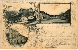 1901 Leibic, Leibicz, Leibitz, Lubica; Híd utca, Kénfürdő télen, Sas szálloda. Fábry Gusztáv kiadása / Brückgasse, Schwefelbad, Hotel Adler / street view, hotel, sulfur spa, bath in winter. Art Nouveau, floral (fl)