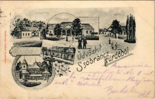 1900 Szobránc, Szobráncfürdő, Kúpele Sobrance; Orvos lak, Vendéglő, Fürdőház, Gyógykút, Kastély. Markovits Izidor kiadása / spa, doctor's villa, bathhouse, spring source, castle. Art Nouveau, floral (fl)