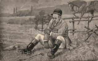 Fallen horse rider, artist signed, Leesett lóversenyző, szignós