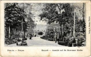 1912 Pöstyén, Pistyan, Piestany; Curpark, Aussicht auf die Moravaner Kirche / Gyógypark, templom. A. Bernas kiadása / spa, park, church (Rb)