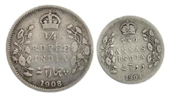 Brit-India 1904. 2a Ag "VII. Edvárd" + 1908. 1/4R Ag "VII. Edvárd" T:2-,3 patina British India 1904. 2 Annas Ag "Edward VII" + 1908. 1/4 Rupee Ag "Edward VII" C:VF,F patina Krause KM#505,506
