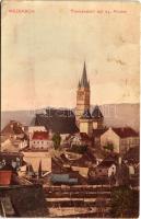 Medgyes, Mediasch, Medias; Teilansicht mit ev. Kirche / látkép, Evangélikus templom. Fritz Guggenberger kiadása / general view, Lutheran church (EM)