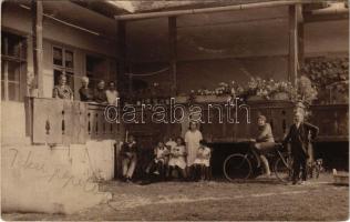 1928 Teke, Tekendorf, Teaca; Református paplak udvari oldala, hölgy kerékpárral / Calvinist rectory, courtyard, lady with bicycle. photo (fl)