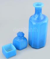 3 db-os kék üveg készlet nagy flaska, kis üvegcse dugóval, kis edényke 28 cm, 11 cm, 5 cm