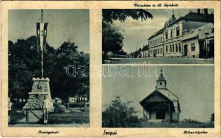 1944 Szepsi, Abaújszepsi, Moldava nad Bodvou; Országzászló, Városháza és Állami iskola, Rókus kápolna / Hungarian flag, town hall, school, chapel (fa)