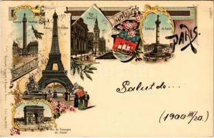1900 Paris, Colonne Vendome, Tour Eiffel, Quai au Fleurs, Colonne de Juillet, Arc de Triomphe de lEtoile. Editeurs Seughol & Magdelin. C.K.Z. Art Nouveau, floral, litho with coat of arms