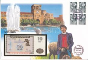 Örményország 1993. 10D felbélyegzett borítékban, bélyegzéssel T:I Armenia 1993. 10 Dram in envelope with stamp and cancellation C:UNC