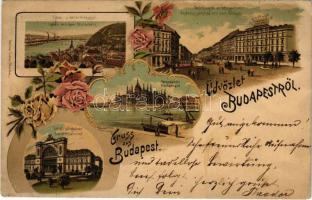 1901 Budapest, Tabán a Gellértheggyel, Andrássy út az Oktogon térrel, lóvasút, Országház, Parlament, Keleti pályaudvar, vasútállomás. Ottmar Zieher Art Nouveau, floral, litho (EB)