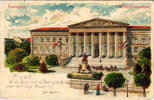 1901 Budapest VIII. Nemzeti Múzeum, magyar zászlók. Kunstanstalt Kosmos S. IX. litho s: Geiger R. + BUDAPEST - POZSONY - BÉCS 46 vasúti mozgóposta bélyegző (EK)