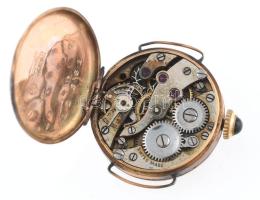 Arany (Au/14k) tokos és szíjas mechanikus karóra, jelzett, sérült, nem jár, bruttó: : 14,5g