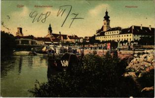 1908 Győr, Karmelita templom, Püspökvár, rakpart, híd. Berecz Viktor kiadása (kis szakadás / small tear)