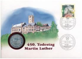 Német Szövetségi Köztársaság 1983G 5M Cu-Ni Luther Márton születésének 500. évfordulója érmés borítékban, első napi bélyegzéses bélyeggel T:1-  Federal Repbulic Germany 1983G 5 Mark Cu-Ni 500th Anniversary - Birth of Martin Luther multicolor, in coin envelope with first day of issue stamp and cancellation C:AU Krause KM#159