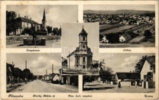 1942 Piliscsaba, Templom tér, látkép, Horthy Miklós út, üzlet, Római katolikus templom, Új utca. Hangya szövetkezet kiadása (gyűrődés / crease)